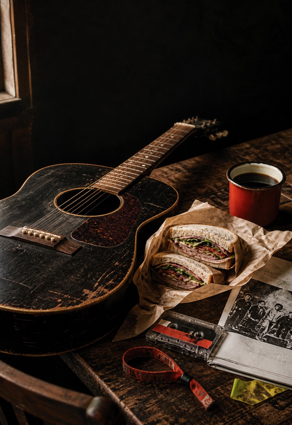 An acoustic guitar, deli lunch, coffee, cassette and local show zine on a cafe table